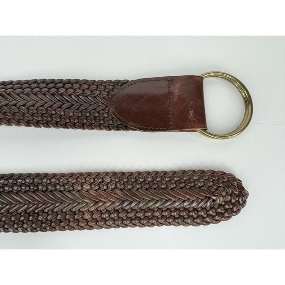 Vintage Talbots Wide Woven Leather Double Brass Ring Belt Brown M 42” Boho Retro - Picture 2 of 7